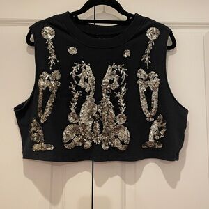 Urban Outfitters Black Cropped Muscle Tee with Silver Sequin Embellishment